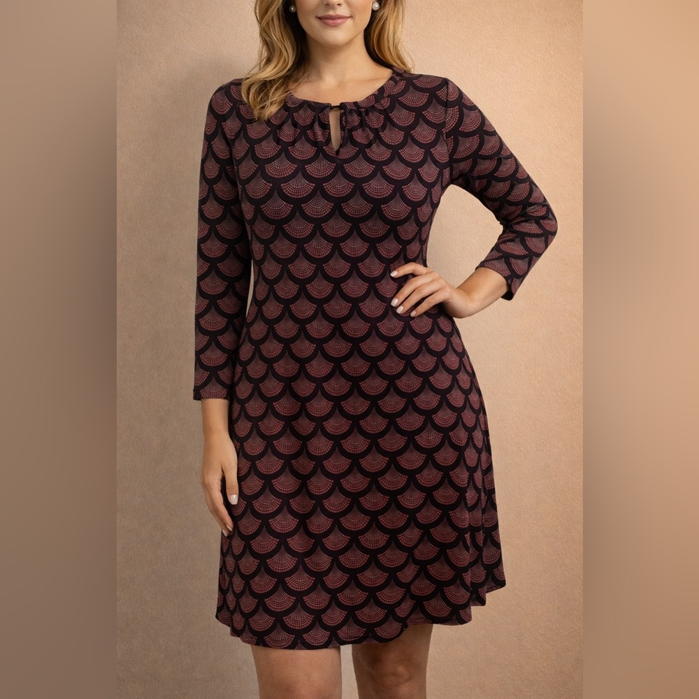 Michael Kors Burgundy and Black Scalloped Long-Sleeve Dress
